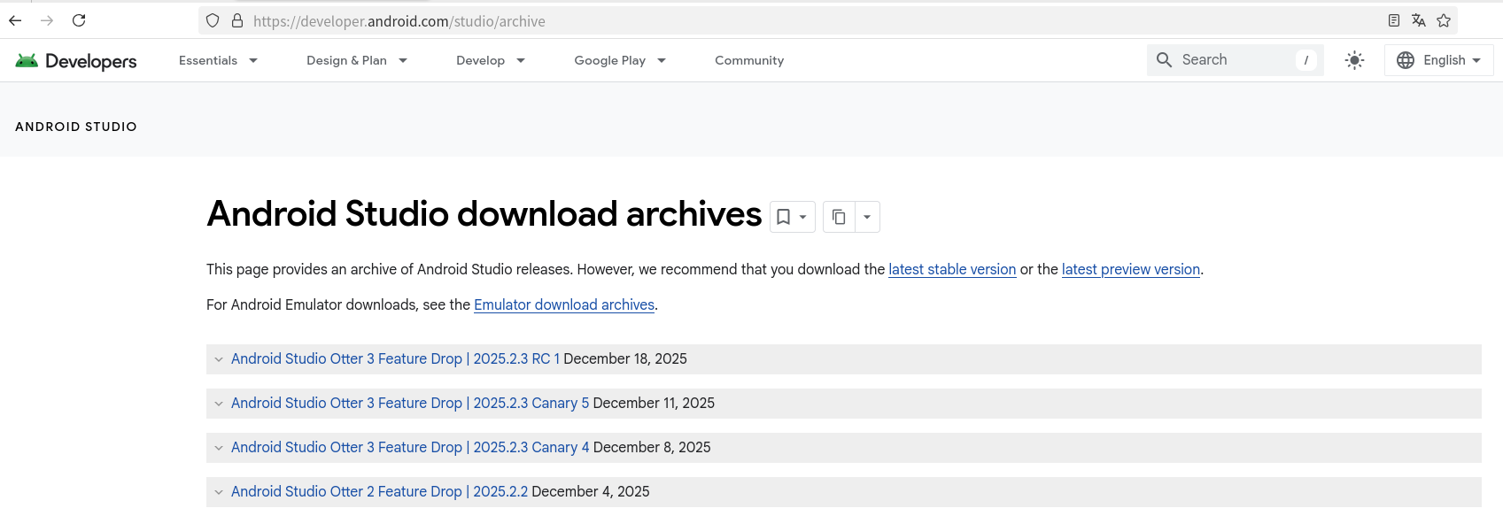 Android Studio download guide page