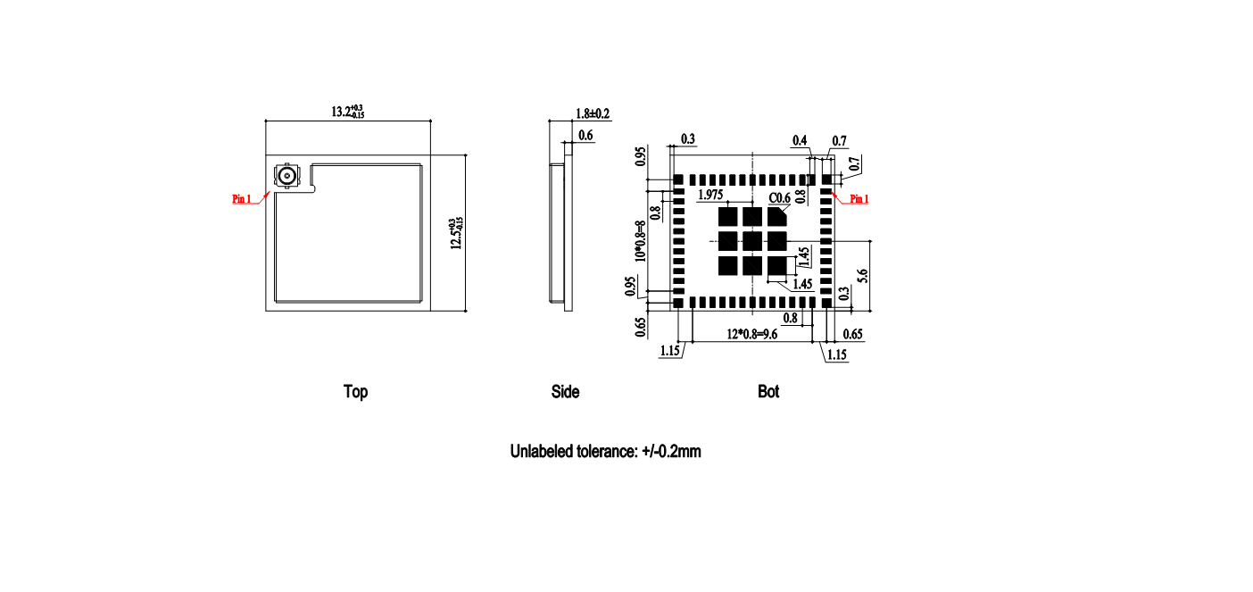 FGM842D 顶部、侧面和底部尺寸