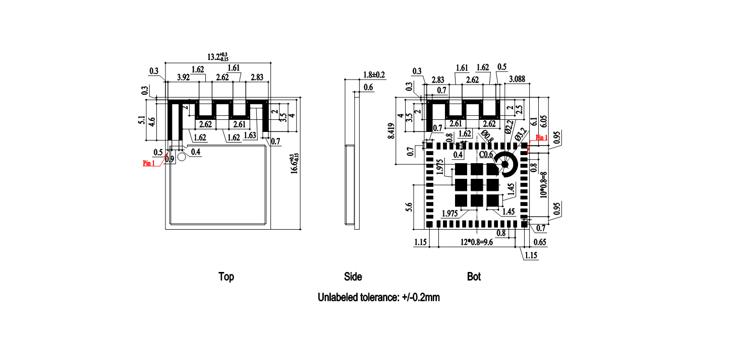 FGM842D-P 顶部、侧面和底部尺寸