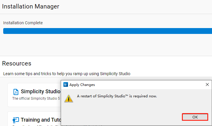 Figure 20: Restart Simplicity Studio Prompt