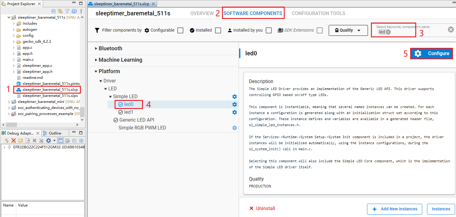 查找 Simple LED (led0) 组件