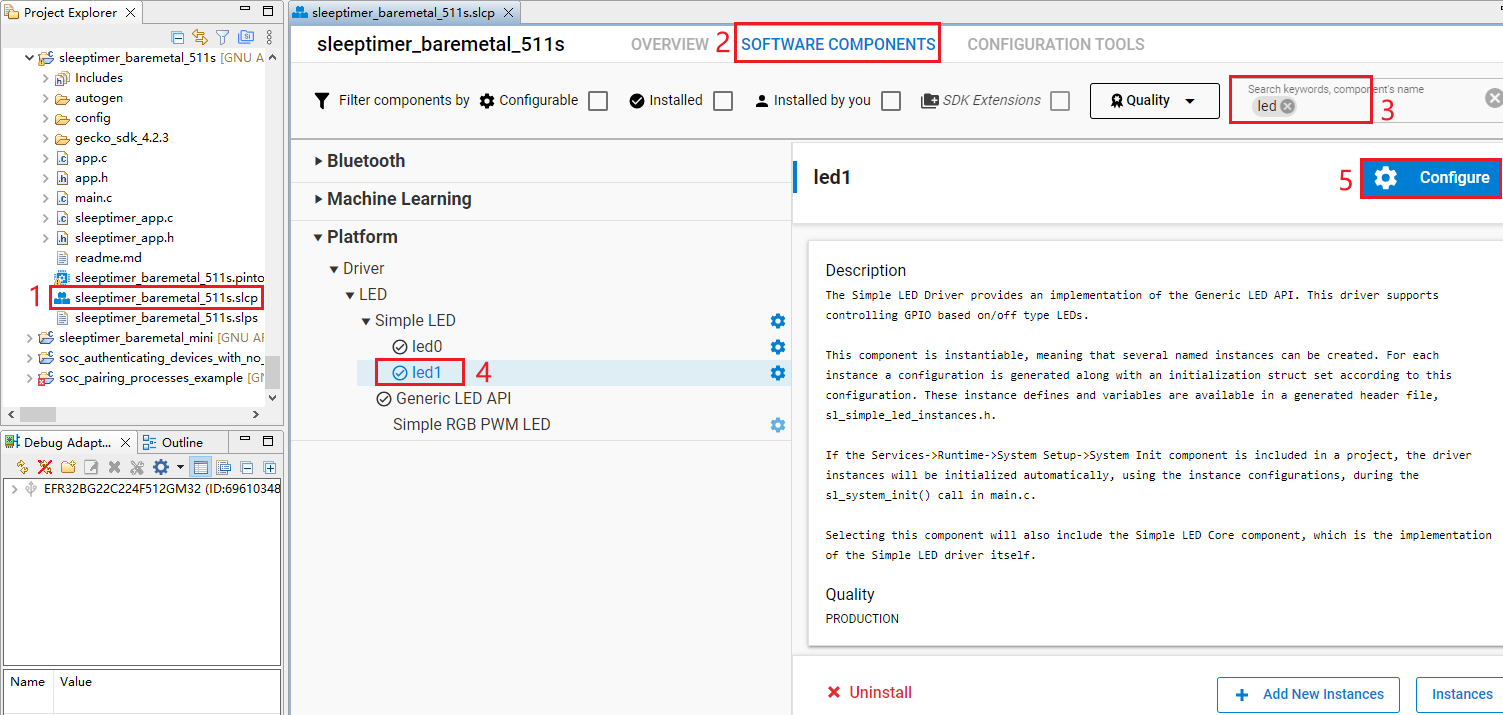 查找 Simple LED (led1) 组件